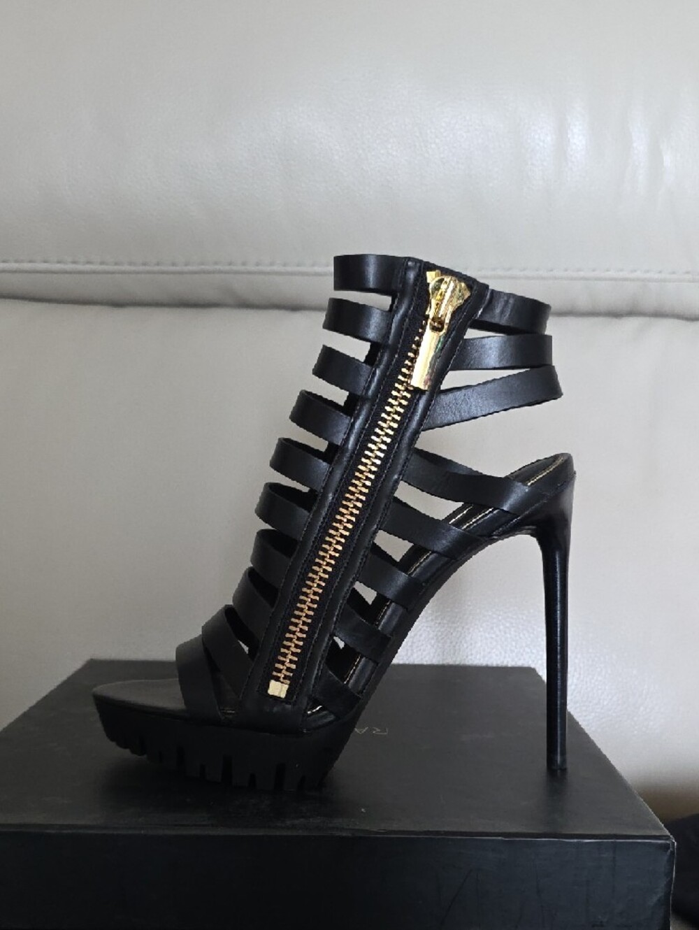 Rachel Zoe Black Strappy Cage Heels with Gold Zipper - Picture 2 of 7